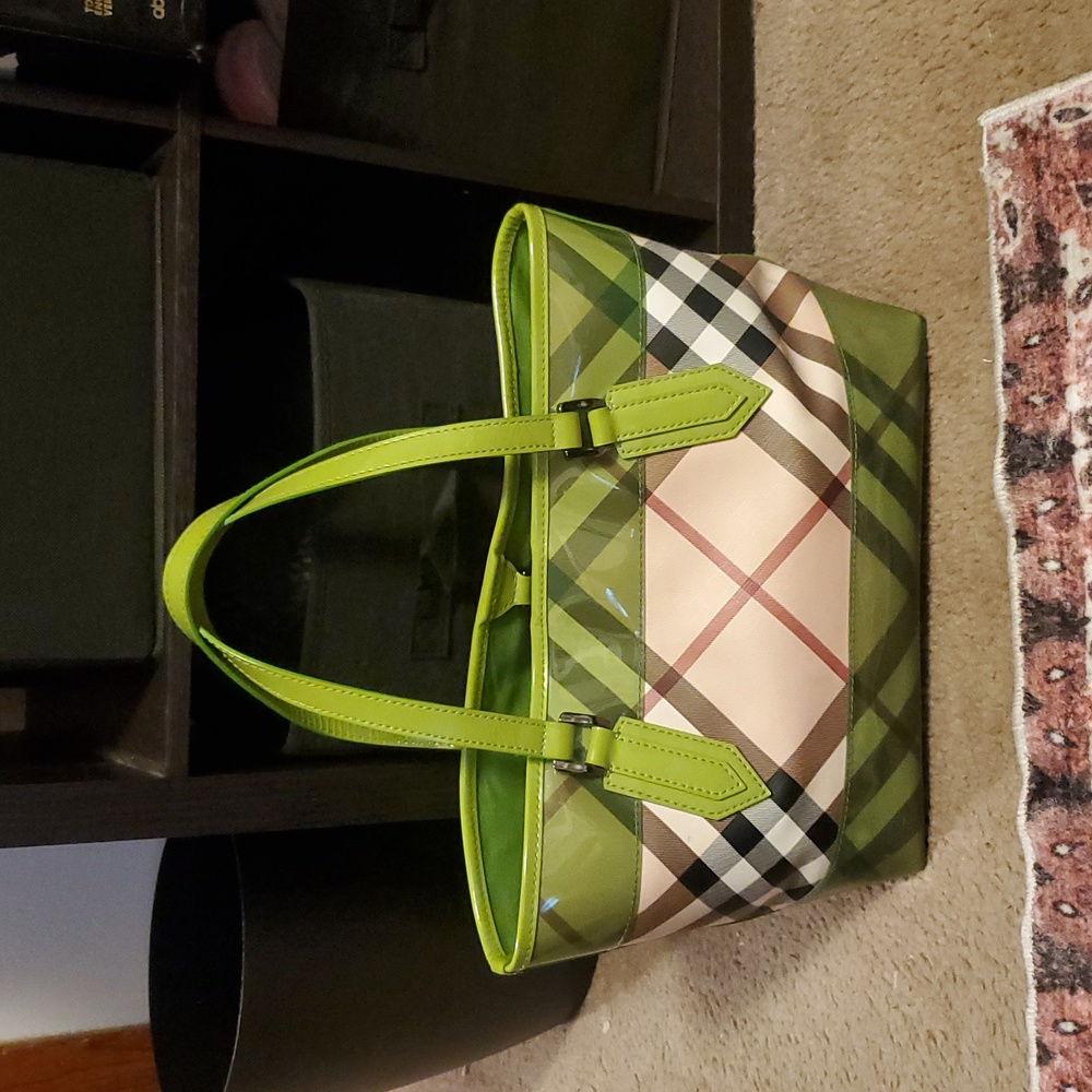 Burberry PVC Vinyl Shoulder tote purse green plaid